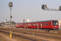 DSB MR 4001/4002 photographed at the railway station in Fredericia when it was presented to the public.7. April 1978.  The MR class was purchased from 1978 to 1985 in a number of 98. The first 30 were built by Uerdingen in Germany, the rest by Scandia in Denmark. Dieselhydraulic Deutz engine. 325 hp. Max speed 120 km/h - 75 mph. Length each unit 22 335 mm. Weight 34,5 metric tonnes. One trainset consists of two units. In 1995 - 1997 renovated and painted in a white/red colourscheme. Increased max. speed to 130 km/h - 81 mph. MR 2002 was in 2000 renumbered to MR 4043.